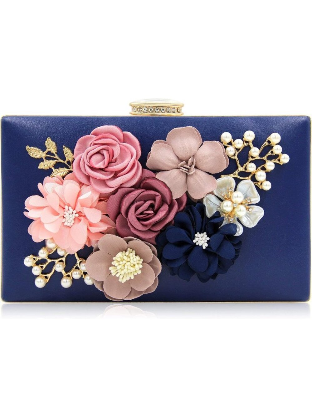 Women's Navy Blue Floral Clutch Purse Wedding Rhinestone Prom Party Evening Bag